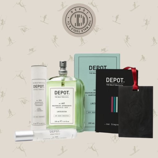 DEPOT luxury box 1. - Aftershave + Fejbőr és hajparfüm + 3 db autóillatosító díszdobozban 