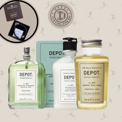 DEPOT luxury box 2. - aftershave + tisztító szakállsampon + gyengéd tusfürdő választható illatban díszdobozban + ajándék bőr karkötő 