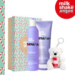   milk_shake® Silver Shine hamvasító sampon szőke vagy ősz hajra 300 ml. + milk_shake® Silver Shine hamvasító kondícionáló szőke vagy ősz hajra 250 ml luxury díszdobozban + ajándék milky bear kulcstartó